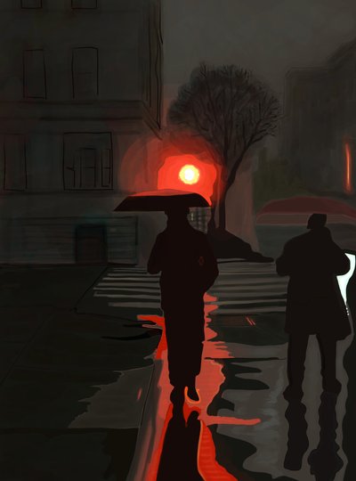 夜の雨の中を歩く男（デジタルアート） 作： エヴァン・スクラー