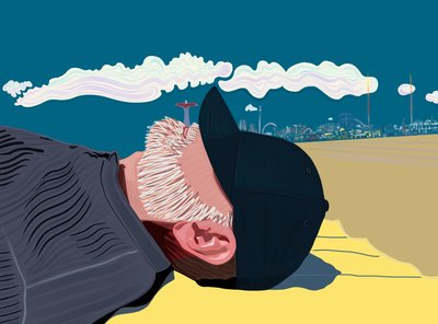 コニーアイランド・ビーチの髭の男（デジタルアート） 作： Evan Sklar