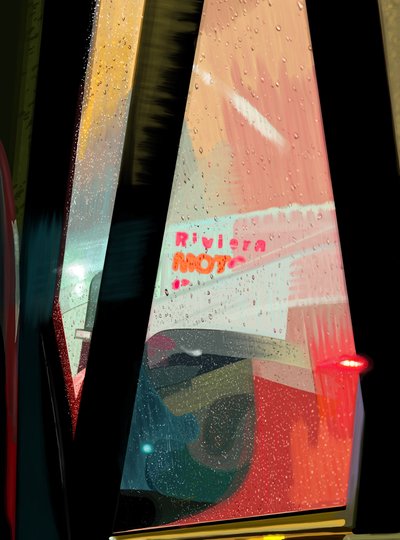 雨の夜、車から見えるリベラモーテルの看板（デジタルアート） 作： Evan Sklar