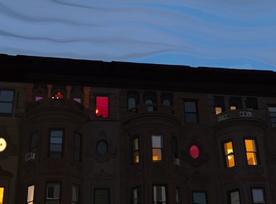 ブルックリン、カラフルにライトアップされた窓のある長屋（デジタルアート） 作： Evan Sklar