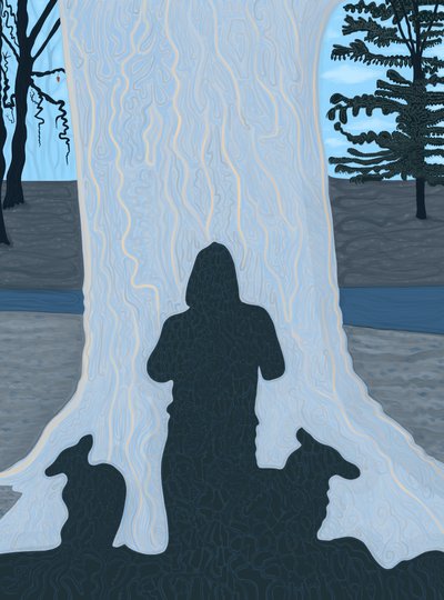 大きな木の幹に人と犬の影、ブルックリン（デジタルアート） 作： Evan Sklar
