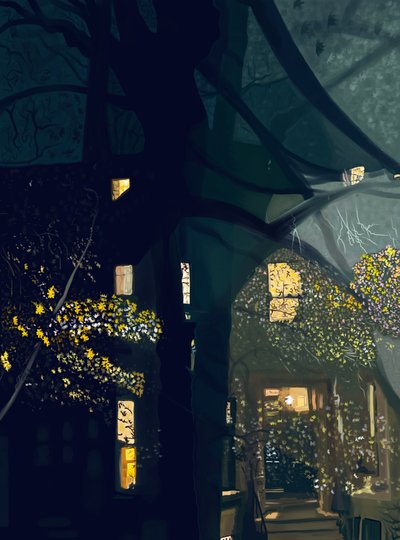 窓の上の影と夜の通りの向こう側の眺め（デジタルアート） 作： エヴァン・スクラー