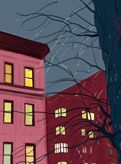 雨の夕暮れ、木の上のリス、2020-24年頃（デジタルアート） 作： エヴァン・スクラー