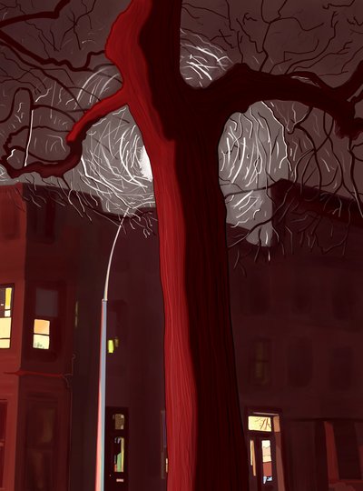サイレンと街灯に照らされた夜の街路樹（デジタルアート） 作： エヴァン・スクラー