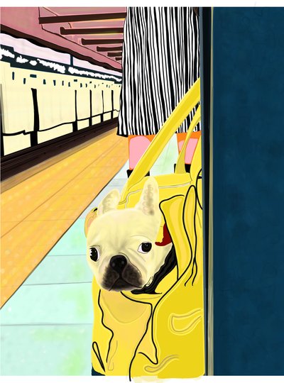 犬をバッグに入れた地下鉄通勤者、ブルックリン（デジタルアート） 作： エヴァン・スクラー