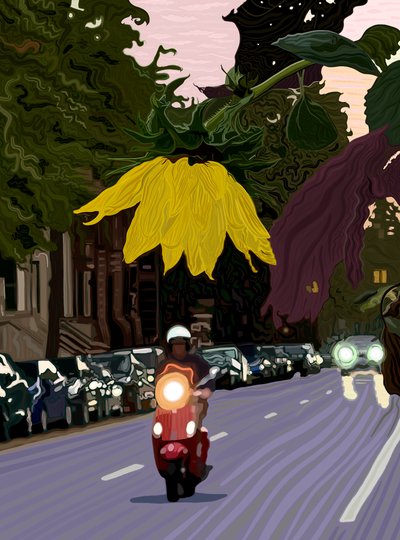 ひまわりと赤いスクーターを運転する男（デジタルアート） 作： Evan Sklar