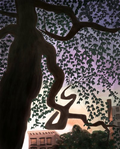 Tree and Avenue At Dusk, 2016（iPadでアップルペンシルを使って手描きした。） 作： Evan Sklar