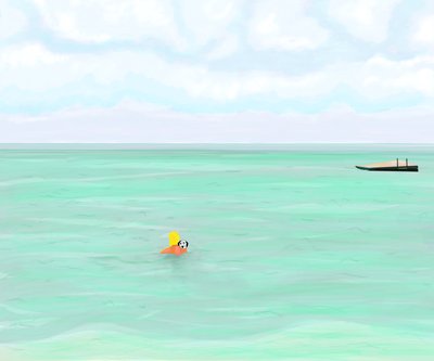 海で犬と泳ぐ女性 作： Evan Sklar