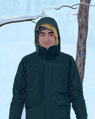 雪の中で緑のパーカーを着た若い男（デジタルアート） 作： エヴァン・スクラー