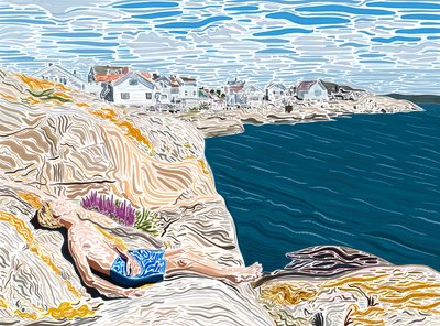 夏の海辺で岩の上で日光浴をする若い男性。(デジタルアート) 作： エヴァン・スクラー