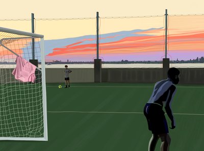 ブルックリン・ブリッジ・パークでの少年サッカー（デジタルアート） 作： エヴァン・スクラー