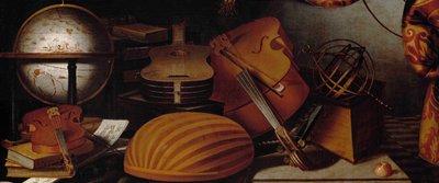 楽器と地球儀と腕木球のある静物 詳細 17世紀 作： Evaristo Baschenis