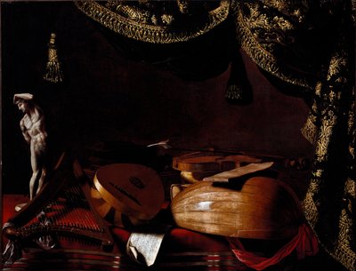 楽器のある静物画 エヴァリスタ・バッシェニス（1617-1677）の絵画 17世紀。ベルガモ、アカデミア・カッラーラ、イタリア 作： Evaristo Baschenis