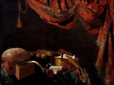 エヴァリスト・バスケニスによる楽器と本の絵画のある静物 作： Evaristo Baschenis