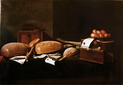 静物 ペチスと楽器エバリスト・バスチェニス（1617-1677）の絵画 17世紀 ベルガモ、個人蔵 作： Evaristo Baschenis