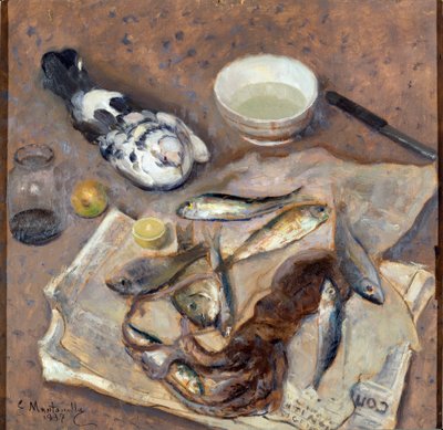 静物 魚とハトエバシオ・モンタネッラ（1878-1940）の絵画 1937年 日。62x64 cm Genes Nervi, Galleria by Arte Moderna, inv. 0433 作： Evasio Montanella