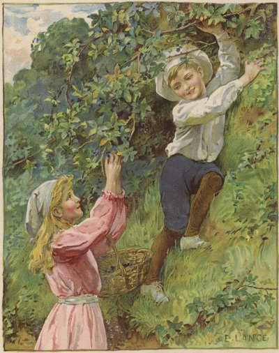 若い女の子と男の子がブラックベリーを選ぶ 作： Eveline Lance