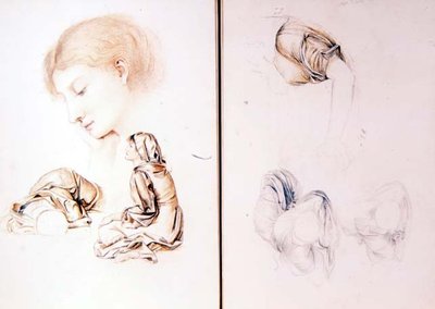 女性モデルの習作6点、作家のスケッチブックの2ページ（鉛筆、チョーク、紙 作： Evelyn De Morgan