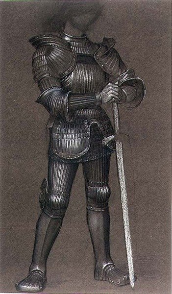 生命と思考は去った」のための甲冑の習作、1893年頃（着色紙に白黒チョーク） 作： Evelyn De Morgan