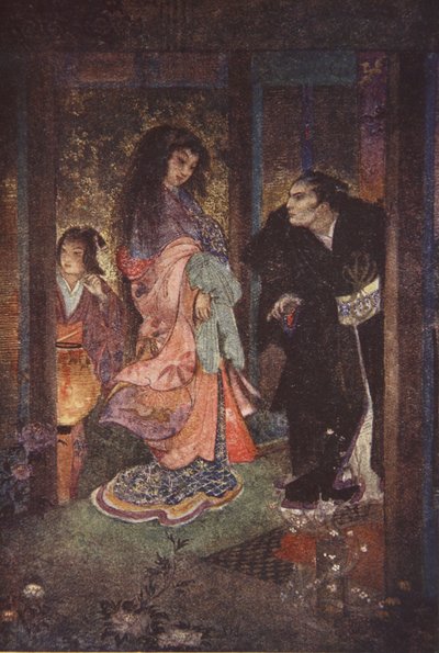 新三郎はつゆとメイドのヨネを認めた、F. Hadland Davis 作「The Myth and Legends of Japan」の挿絵 作： Evelyn Paul