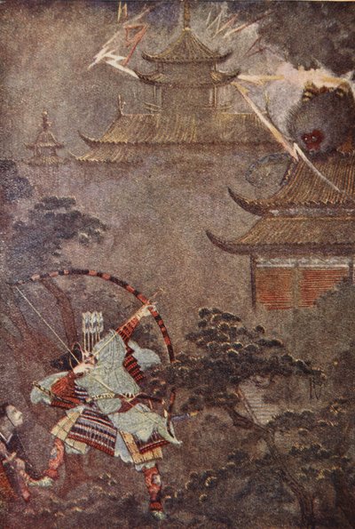 怪物を倒す頼政、F Hadland Davis 作「The Myths and Legends of Japan」のイラスト 作： Evelyn Paul