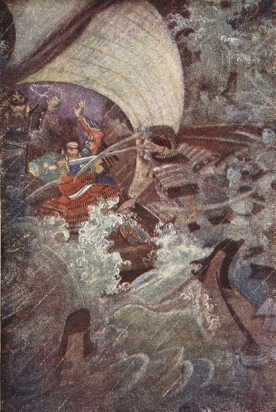 平家の幽霊のような会社に襲われた義経と弁慶、F Hadland Davisによる「The Myths and Legends of Japan」のイラスト 作： Evelyn Paul