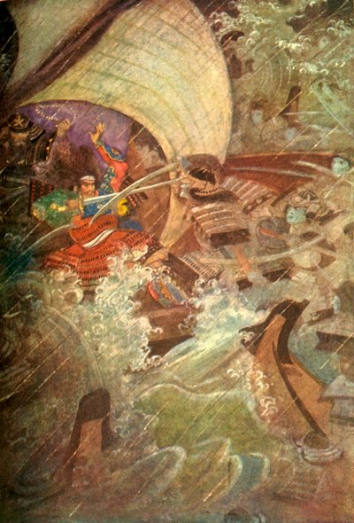 「義経と弁慶、平家の亡霊の一団に襲われる」、1912年。 作： Evelyn Paul
