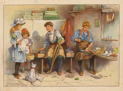 小さな労働者たちブーツと靴職人（カラーリトグラフ） 作： Evelyn Stuart Hardy