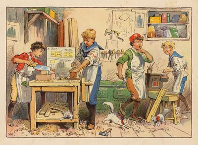 小さな労働者たち大工（カラーリトグラフ） 作： Evelyn Stuart Hardy
