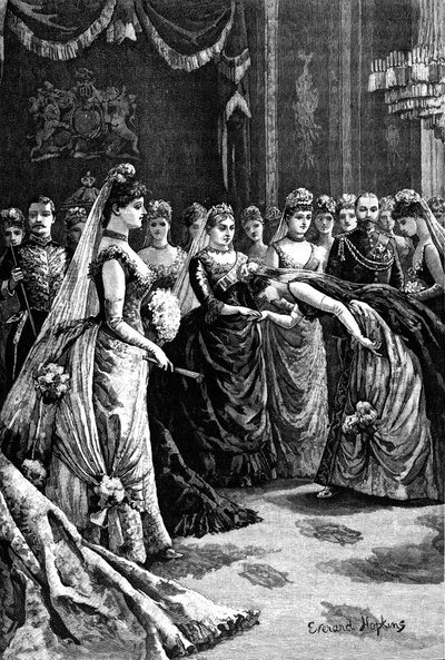 19世紀後半、1900年にバッキンガム宮殿の応接室でビクトリア女王がゲストを迎える 作： Everard Hopkins