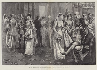 女王の応接室、バッキンガム宮殿、プレゼンテーション後の緑の応接室のシーン 作： Everard Hopkins