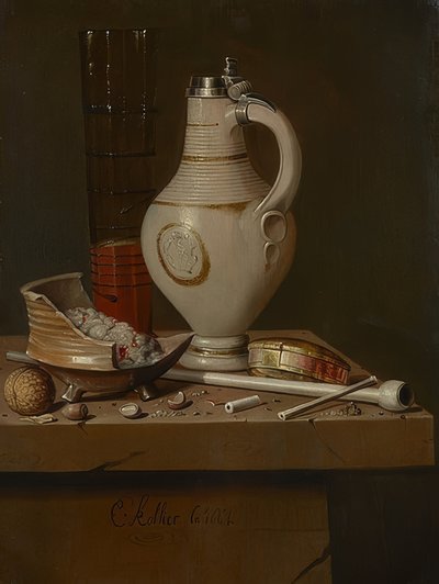 喫煙器具とビールジョッキのある静物。 1664 作： Evert Collier