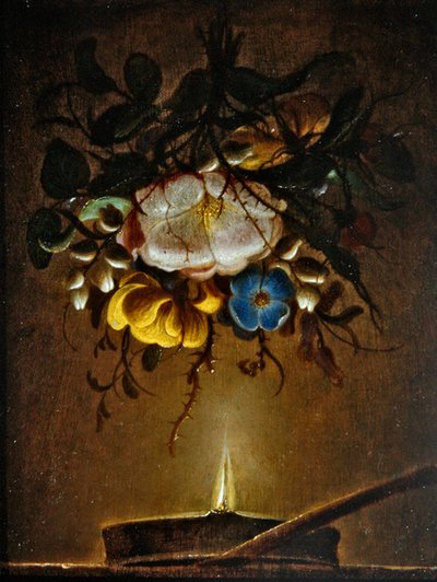 キャンドルのそばに花束を吊るした静物画 作： Evert van Aelst