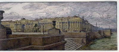 サンクトペテルブルクの元老院。 ネヴァ川岸の建物の説明。 Evgeny Evgenyevich Lanceray (Eugene Lansere) (1875-1946) の作品、リトグラフ 作： Evgeni Evgenievitch Lanceray