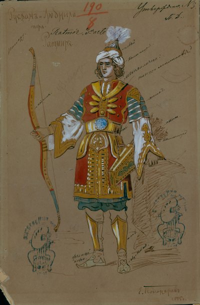 M. グリンカによるオペラ「ルスランとリュドミラ」の衣装デザイン、1885 年 作： Evgeni Petrovich Ponomarev