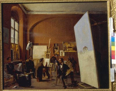 画家伯爵ヴァシリー・マクストフのスタジオ (画家伯爵 V. マクストフのスタジオ)。 Yevgraf Semyonovich Sorokin（1821-1892）による絵画、キャンバスに油彩 作： Evgraf Sorokine