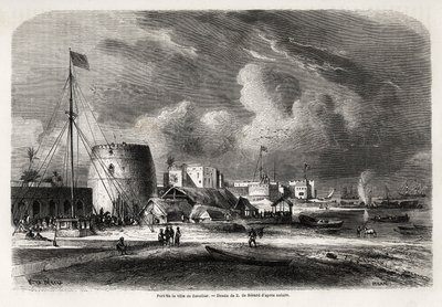1857年から1859年にかけてのバートン船長の東アフリカ五大湖航海を説明するために、Evremond de Berard（1824-1881）が描いたザンジバル（現在のタンザニア）の街の港。パリの "Le tour du monde, nouveau journal des voyages "に掲載された版画。 作： Evremond de (after) Berard