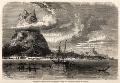 エヴルモン・オーギュスト・ドゥ・ベラール（1824-1881）が、チャールズ・ダーウィン（1809-1882）が1858年に行ったガラパゴス諸島とサンゴ礁の島々を巡る博物学者の旅を描くために描いた、ボラボラ島のラードとピーク。Le tour du mond」に掲載されているエングレーヴィング。 作： Evremond de (after) Berard