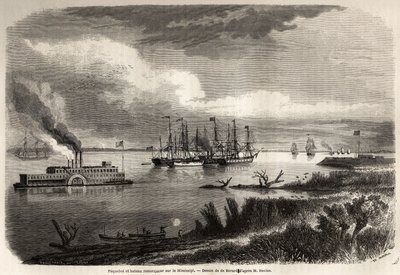 エヴルモン・オーギュスト・ドゥ・ベラール（1824-1881）が描いたミシシッピ川の船とタグボート、エリゼ（Elisee）・レクルス（1830-1905）による1855年のニューオーリンズへの航海を描いたもの。パリの "Le tour du monde, nouveau journal des voyages "に掲載された版画。 作： Evremond de (after) Berard