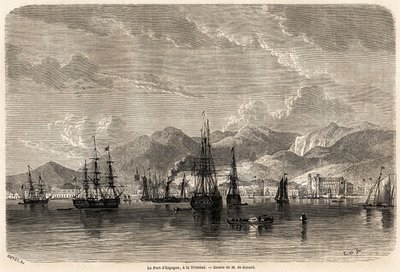 トリニダード（トリニダード・トバゴ）のスペイン港。アンソニー・トロロープ（1815-1882）が1858-1859年に行った西インド諸島への航海を説明するために、エヴルモン・オーギュスト・ドゥ・ベラール（1824-1881）が描いたもの。Le tour du monde, nouveau journal des voya "に掲載された版画。 作： Evremond de (after) Berard