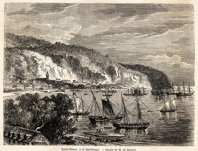 アンソニー・トロループ（1815-1882）が1858-1859年に行った西インド諸島への航海を説明するために、オーギュスト・ドゥ・ベラール（1824-1881）が描いたマルティニークのサン・ピエールの風景。パリの "Le tour du monde, nouveau journal des voyages "に掲載された版画。 作： Evremond de (after) Berard