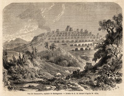 エヴルモン・ド・ベラール（1824-1881）が、1857年のアイダ・ファイファーのマダガスカル旅行を説明するために描いた、マダガスカルの首都タナナリヴの風景。1861年の "Le tour du monde "に掲載されたエングレーヴィング。セルバのコレクション。 作： Evremond de (after) Berard
