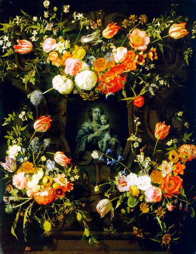 花に囲まれたマドンナ、1662 作： Eykens or Ijkens Ykens