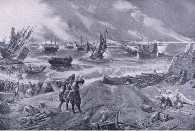 1692年5月23日、ラホグの戦いでのジェームズ2世、1915年の陸と海でのイギリスの戦いのイラスト 作： Eyre Crowe