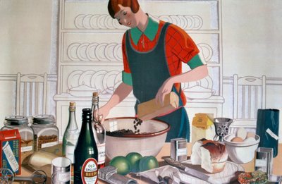 エンパイア・クリスマス・プディングを作る、c. 1920年代のカラーリトグラフ 作： FC Harrison