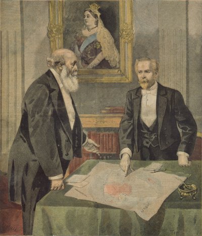 1899年4月9日、ルプティジャーナルのフランス大使、イギリスの首相であるポールカンボン（1843-1924）とソールズベリー卿（1830-1904）がロンドンで署名した英仏条約（色付きen 作： F.L. and Tofani, Oswaldo Meaulle