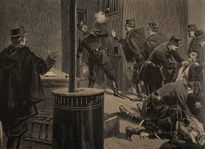 アナキストが火格子から撃つエティバント、「Le Petit Journal：Supplement illustre」のイラスト、1898年1月30日 作： F.L. and Tofani, Oswaldo Meaulle