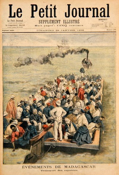 マダガスカルでのイベント：フランス軍の本国送還、1896年1月20日のルプティジャーナルのイラスト（カラー彫刻） 作： F.L. and Tofani, Oswaldo Meaulle
