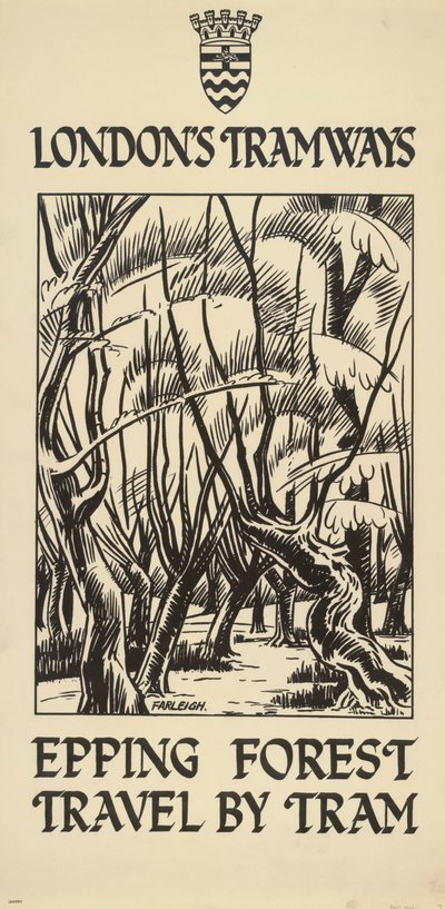 「Epping Forest, Travel by Tram」、ロンドン カウンティ カウンシル LCC トラムウェイのポスター、1922 年 作： FW Farleigh