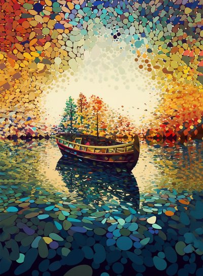 湖の万華鏡のボート、万華鏡アートプリント、ウォールアートプリント 作： F. Abderrahim